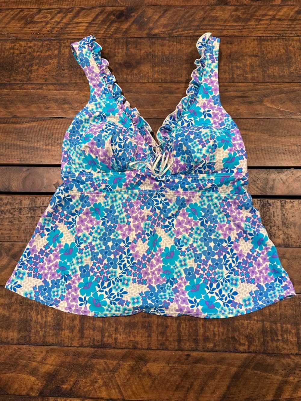 Kim Rogers Floral Ruffle Tankini Top — Blue, Purple & Teal